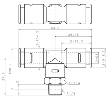 Bản vẽ kỹ thuật Đầu Nối Nhanh Khí Nén Dạng Chữ T Ren Ngoài Pisco APB8-01-C