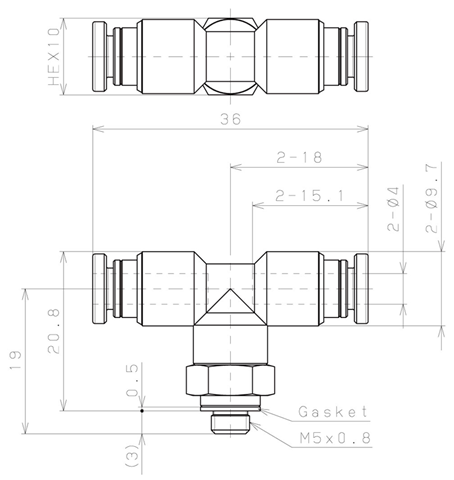 Bản vẽ kỹ thuật Đầu Nối Nhanh Khí Nén Dạng Chữ T Ren Ngoài Pisco KB4-M5-1-F