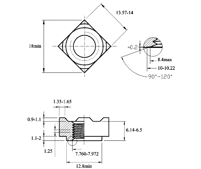 Bản vẽ kỹ thuật Tán Hàn Vuông Inox 304 DIN928 M8
