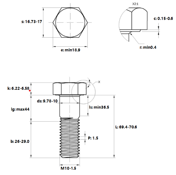 Bản vẽ kỹ thuật Bulong Nhúng Nóng 8.8 DIN931 M10x70 Ren Lửng