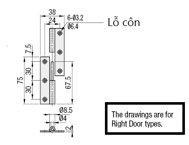Bản vẽ kỹ thuật Bản Lề Tháo Rời Trái Inox 304 (HNS4L) L 75 mm