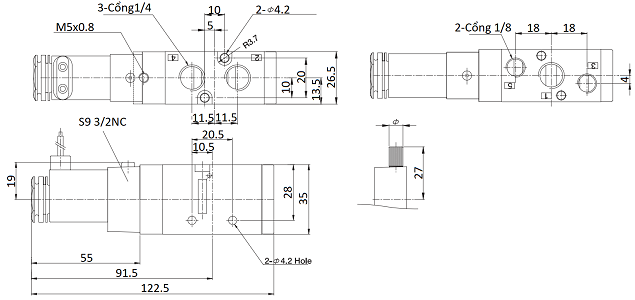 Bản vẽ kỹ thuật Van Điện Từ Khí Nén Solenoid 5/2 1 Coil Parker Size PT1/4 PHS-520S-02-220V