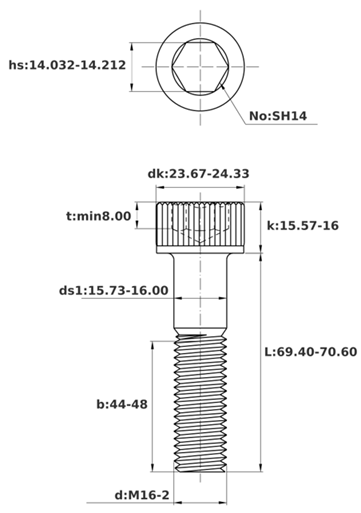 Bản vẽ kỹ thuật Lục Giác Chìm Đầu Trụ Inox 304 DIN912 M16x70 Ren Lửng