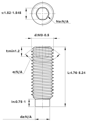 Bản vẽ kỹ thuật Vít Trí Đuôi Trụ Thép Đen 10.9 DIN915 M3x5