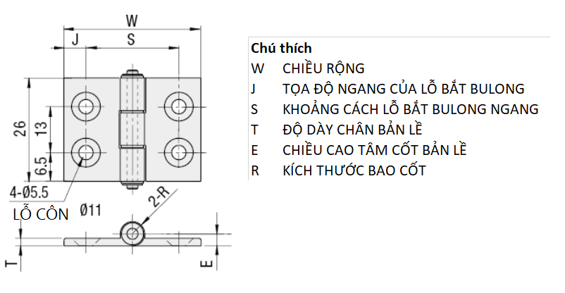 Bản vẽ kỹ thuật Bản Lề Lá Nhôm Hợp Kim Mạ Anodized Trắng (HHPSNC5) L 26 mm