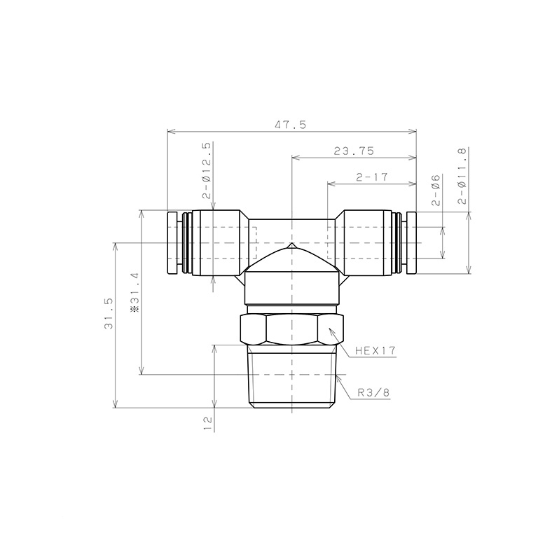 Bản vẽ kỹ thuật Đầu Nối Nhanh Khí Nén Dạng Chữ T Ren Ngoài Pisco PB6-03W-C