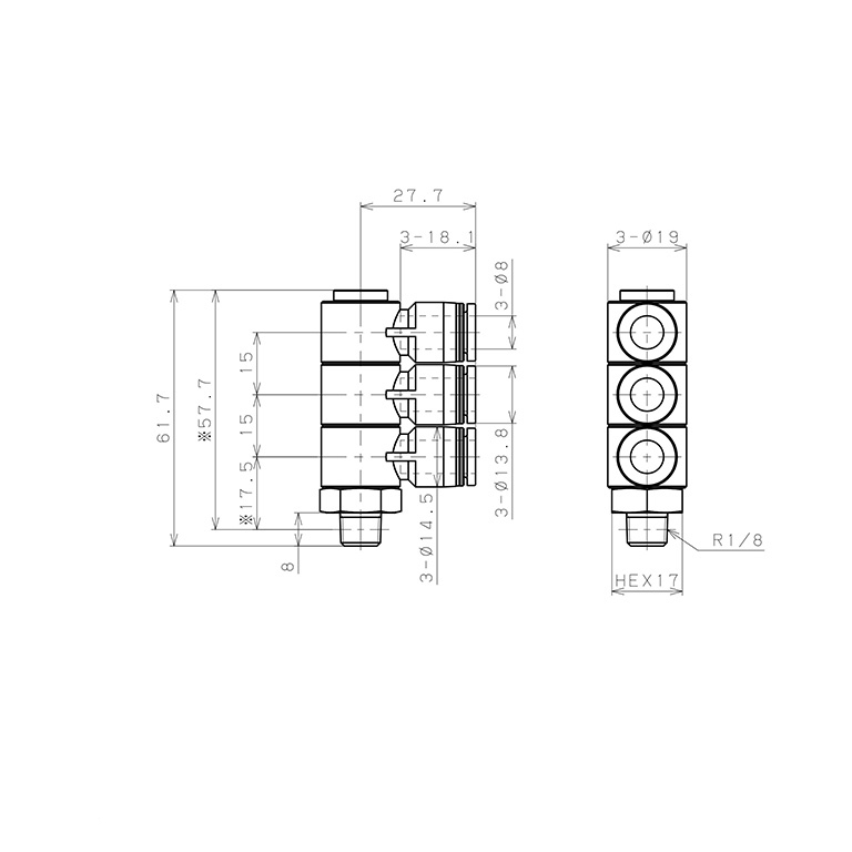 Bản vẽ kỹ thuật Đầu Nối Nhanh Khí Nén Ba Nhánh Cong 90° Thân Lục Giác Trụ Ren Ngoài Pisco PHT8-01