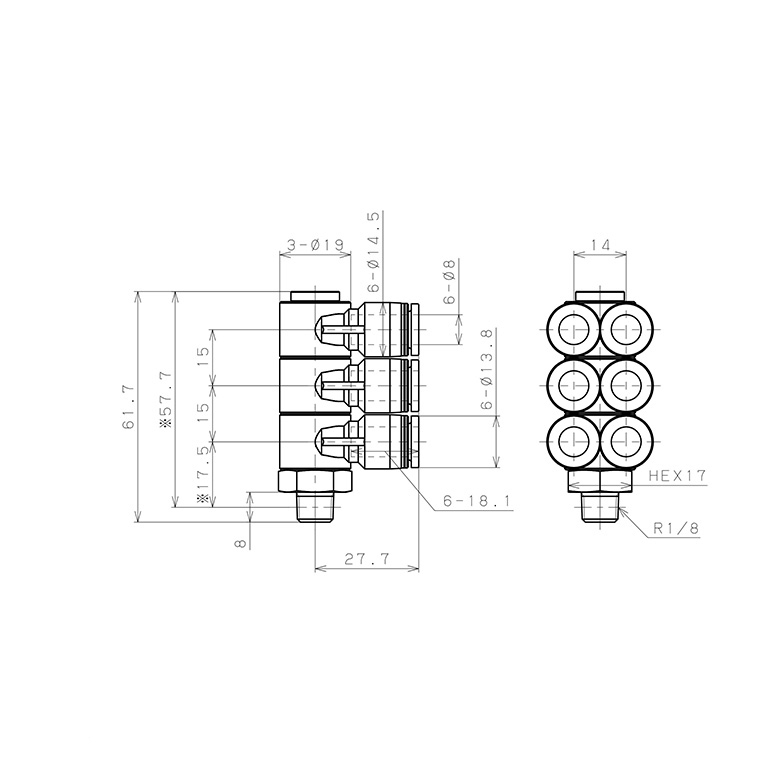 Bản vẽ kỹ thuật Đầu Nối Nhanh Khí Nén Sáu Nhánh Cong 90° Thân Lục Giác Trụ Ren Ngoài Pisco PAT8-01