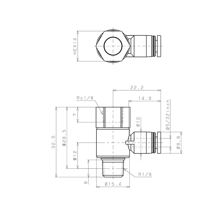 Bản vẽ kỹ thuật Đầu Nối Nhanh Khí Nén Cong 90° Đầu Lục Giác Trụ Ren Đực Cái Pisco PHF5/32-01