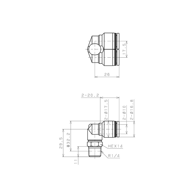 Bản vẽ kỹ thuật Đầu Nối Nhanh Khí Nén Hai Nhánh Cong 90° Ren Ngoài Pisco PAX10-02