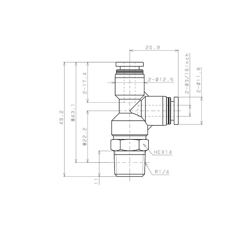 Bản vẽ kỹ thuật Đầu Nối Nhanh Khí Nén Dạng Chữ T Ren Ngoài Pisco PD3/16-02