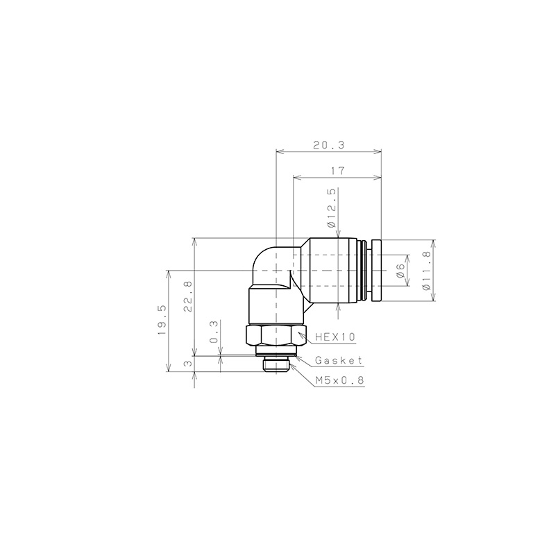 Bản vẽ kỹ thuật Đầu Nối Nhanh Khí Nén Dạng Cong 90° Ren Ngoài Pisco PL6-M5-UC
