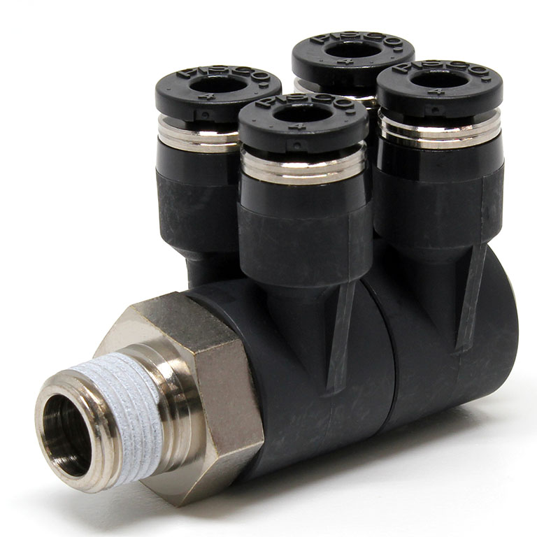 Đầu Nối Nhanh Khí Nén Bốn Nhánh Cong 90° Thân Lục Giác Trụ Ren Ngoài Pisco PAW4-01-UC