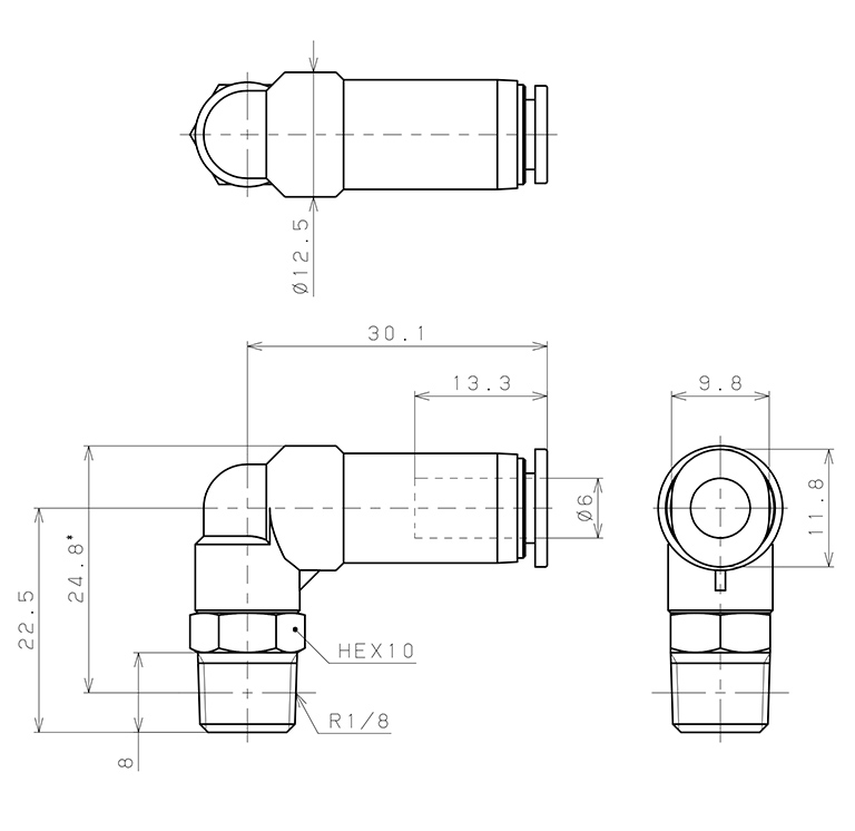 Bản vẽ kỹ thuật Đầu Nối Nhanh Khí Nén Dạng Cong 90° Ren Ngoài Có Van Tự Ngắt Pisco PSL6-01M