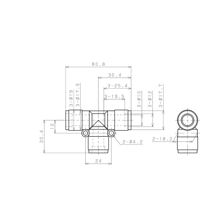 Bản vẽ kỹ thuật Đầu Nối Nhanh Khí Nén Chữ T Pisco PE10V-0