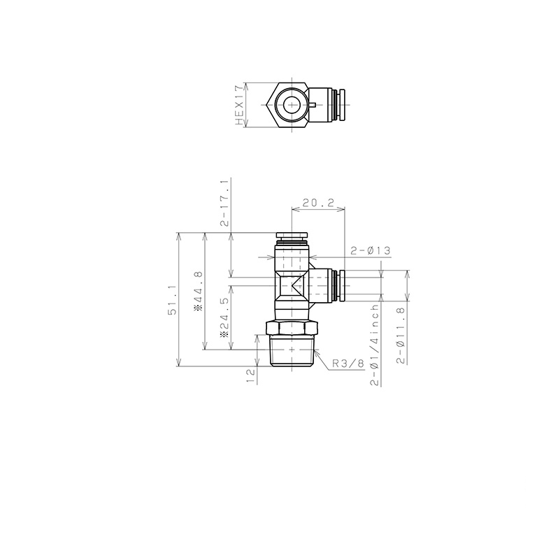 Bản vẽ kỹ thuật Đầu Nối Nhanh Khí Nén Dạng Chữ T Ren Ngoài Pisco PPD1/4-03SUS-F