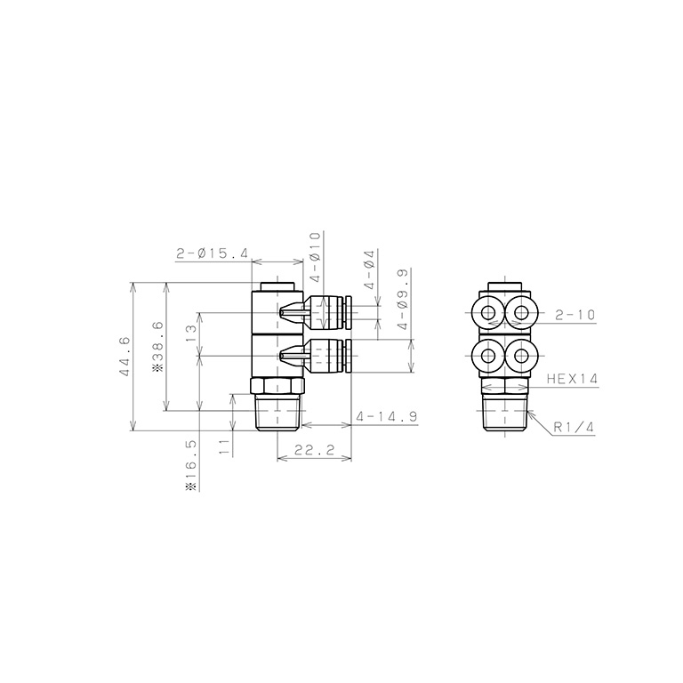 Bản vẽ kỹ thuật Đầu Nối Nhanh Khí Nén Bốn Nhánh Cong 90° Thân Lục Giác Trụ Ren Ngoài Pisco SPAW4-02