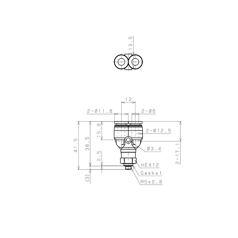 Bản vẽ kỹ thuật Đầu Nối Nhanh Khí Nén Dạng Chữ Y Ren Ngoài Pisco PPX6-M5SUS-HN
