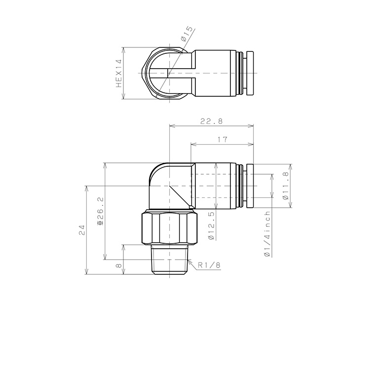 Bản vẽ kỹ thuật Đầu Nối Nhanh Khí Nén Dạng Cong 90° Ren Ngoài Có Khớp Xoay Pisco RL1/4-01