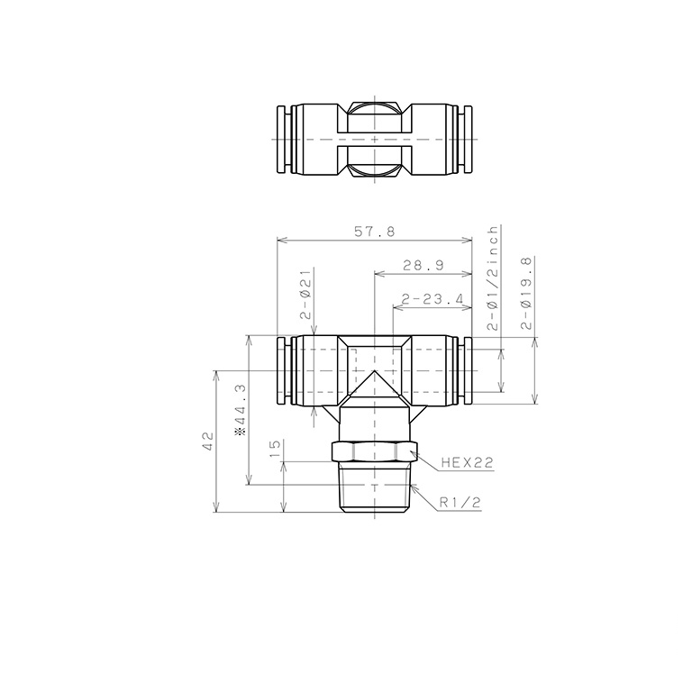 Bản vẽ kỹ thuật Đầu Nối Nhanh Khí Nén Dạng Chữ T Ren Ngoài Pisco PPB1/2-04-F