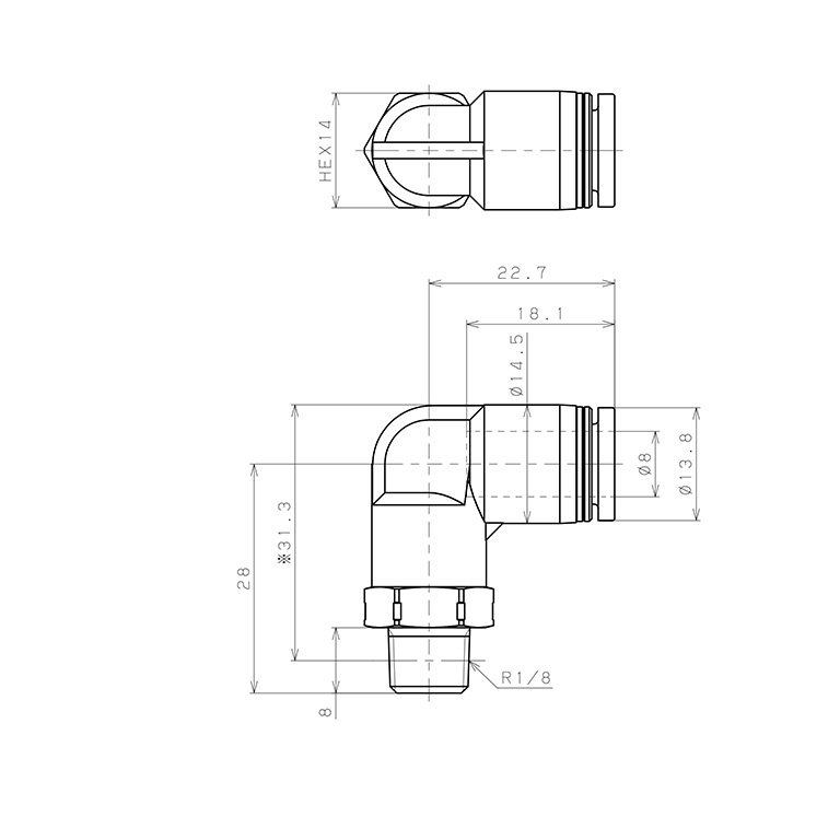 Bản vẽ kỹ thuật Đầu Nối Nhanh Khí Nén Dạng Cong 90° Ren Ngoài Pisco PL8-01SUS