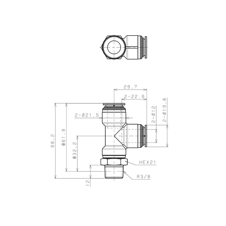 Bản vẽ kỹ thuật Đầu Nối Nhanh Khí Nén Dạng Chữ T Ren Ngoài Pisco KD12-03-1