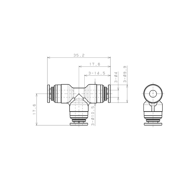 Bản vẽ kỹ thuật Đầu Nối Nhanh Khí Nén Chữ T Pisco KE4-1