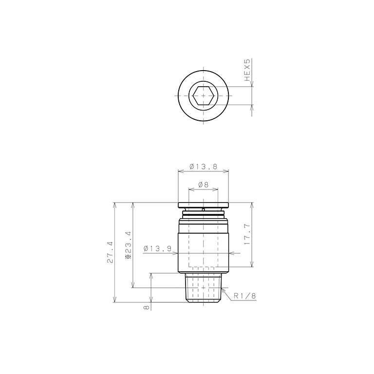 Bản vẽ kỹ thuật Đầu Nối Nhanh Khí Nén Dạng Thẳng Ren Ngoài Pisco KOC8-01-1-F