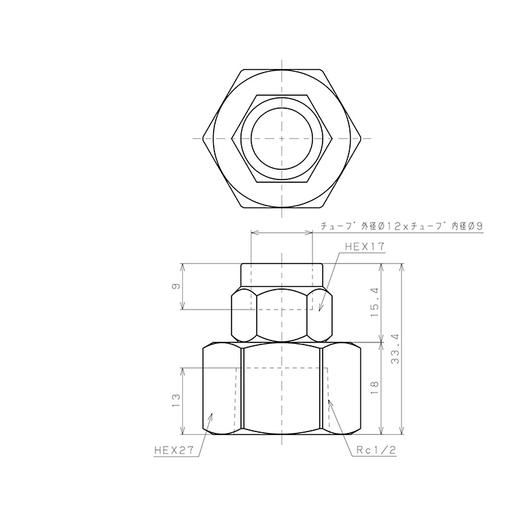 Bản vẽ kỹ thuật Đầu Ngạnh Nối Ống Có Đai Ốc Xiết Dạng Thẳng Thân Lục Giác Ren Trong Pisco NKCF1290-04