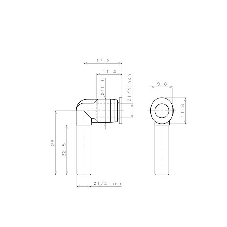 Bản vẽ kỹ thuật Đầu Nối Nhanh Khí Nén Giữa Ống Khí Và Fitting Dạng Cong 90° Pisco PLJ1/4M