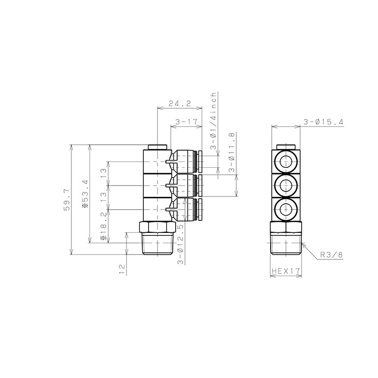 Bản vẽ kỹ thuật Đầu Nối Nhanh Khí Nén Ba Nhánh Cong 90° Thân Lục Giác Trụ Ren Ngoài Pisco PHT1/4-03W