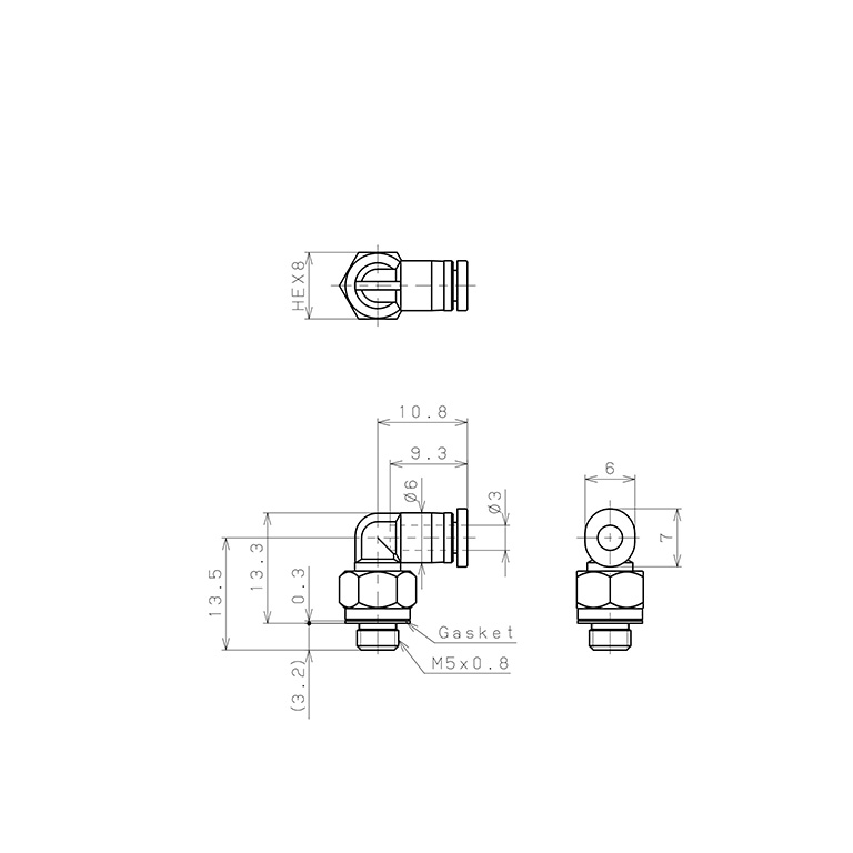Bản vẽ kỹ thuật Đầu Nối Nhanh Khí Nén Dạng Cong 90° Ren Ngoài Pisco PL3-M5M-C