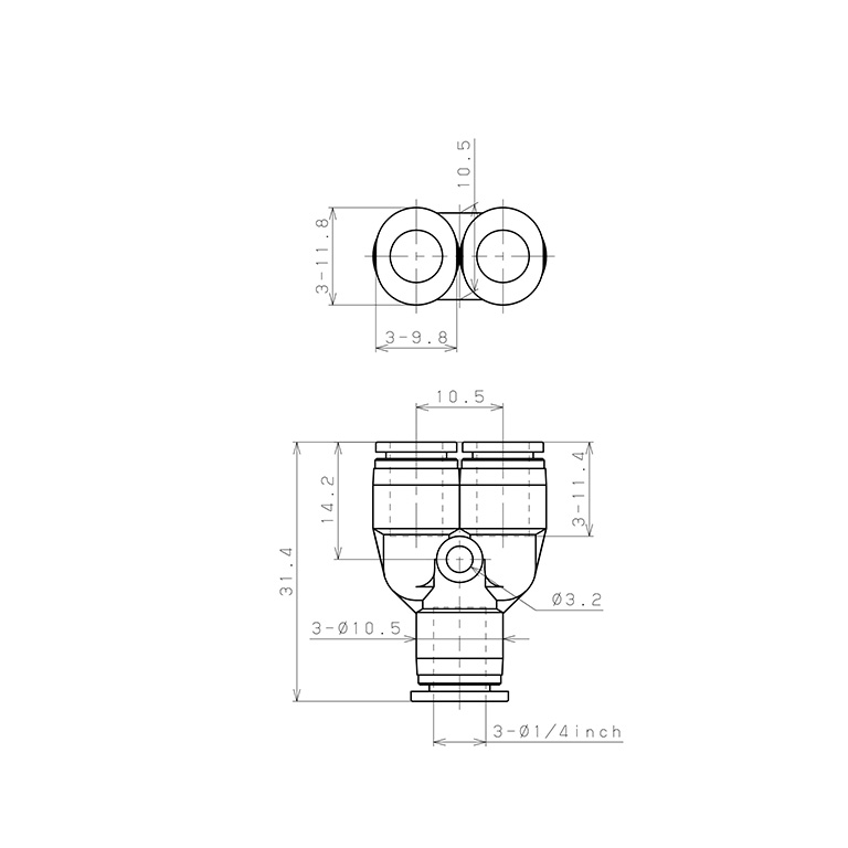Bản vẽ kỹ thuật Đầu Nối Nhanh Khí Nén Chữ Y Pisco PY1/4M-C