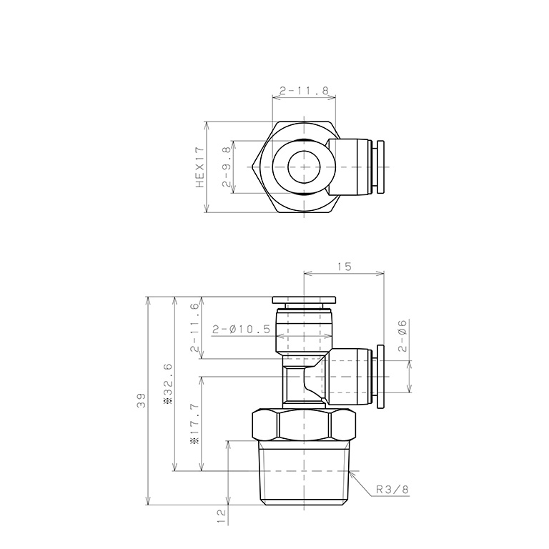 Bản vẽ kỹ thuật Đầu Nối Nhanh Khí Nén Dạng Chữ T Ren Ngoài Pisco PD6-03M