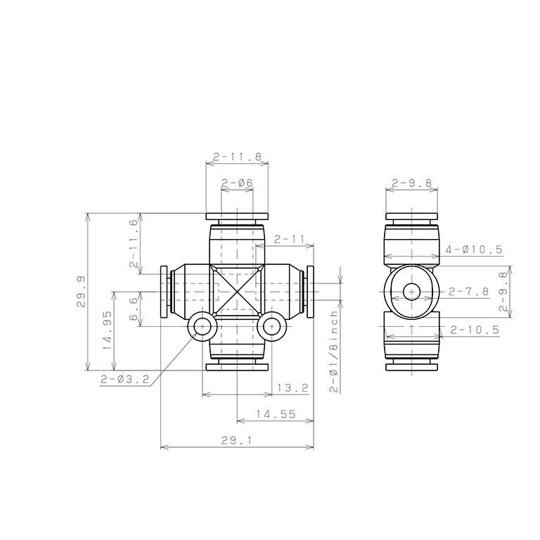 Bản vẽ kỹ thuật Đầu Nối Nhanh Khí Nén Ngã 4 Dạng Nối Giảm Pisco PZB6-1/8M