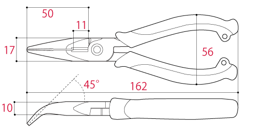 Bản vẽ kỹ thuật Kìm Mỏ Nhọn Mũi Cong Tác Động Mạnh 162mm Tsunoda PW-222DG