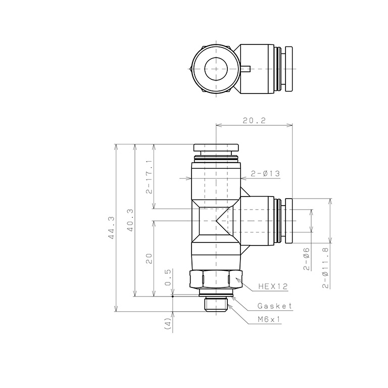 Bản vẽ kỹ thuật Đầu Nối Nhanh Khí Nén Dạng Chữ T Ren Ngoài Pisco PD6-M6SUS