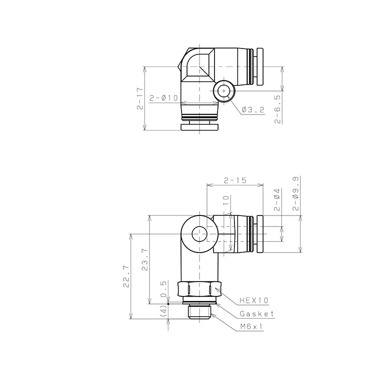 Bản vẽ kỹ thuật Đầu Nối Nhanh Khí Nén Hai Nhánh Chạc Ba Cong 90° Ren Ngoài Pisco PVX4-M6SUS