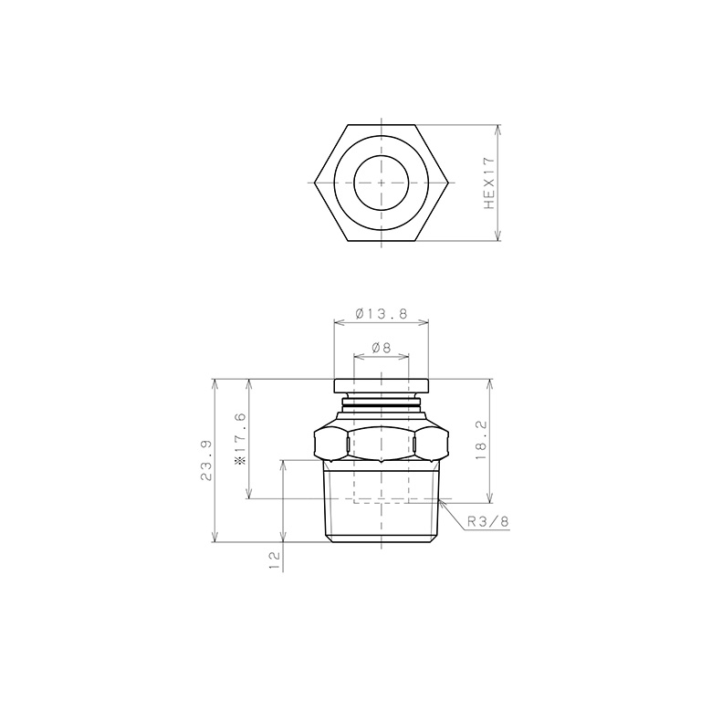Bản vẽ kỹ thuật Đầu Nối Nhanh Khí Nén Dạng Thẳng Thân Lục Giác Ren Ngoài Pisco PC8-03SUS