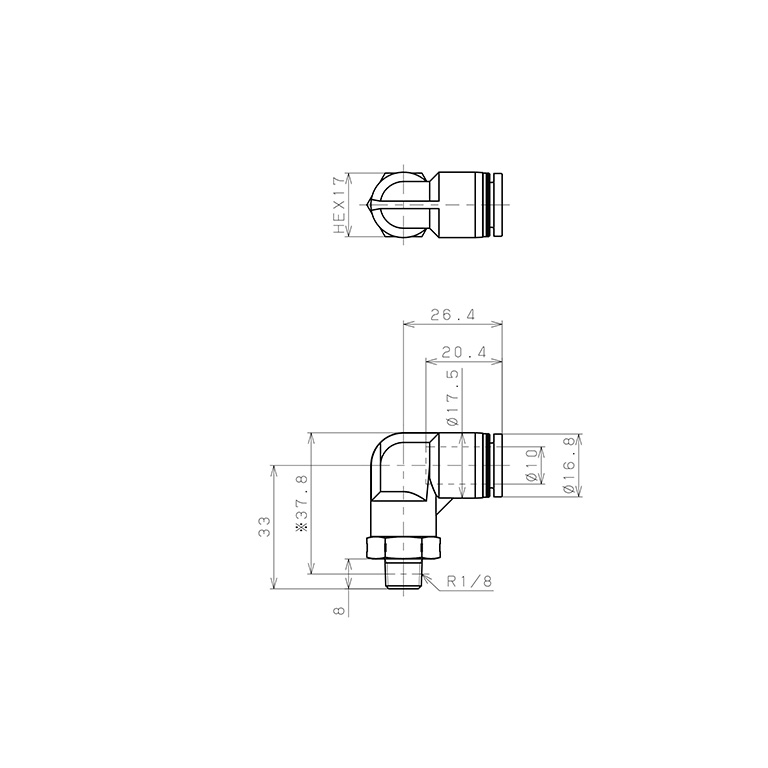 Bản vẽ kỹ thuật Đầu Nối Nhanh Khí Nén Dạng Cong 90° Ren Ngoài Pisco PL10-01SUS