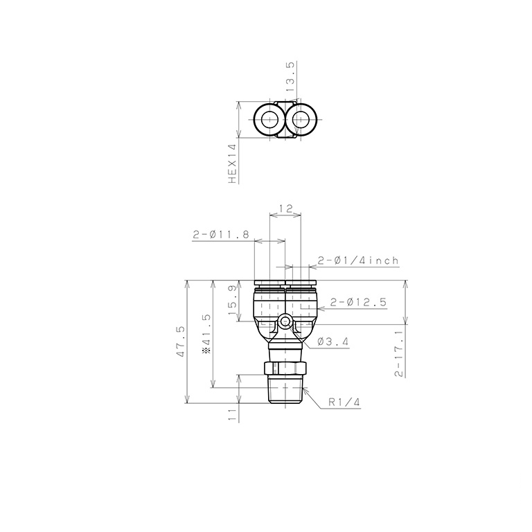 Bản vẽ kỹ thuật Đầu Nối Nhanh Khí Nén Dạng Chữ Y Ren Ngoài Pisco PPX1/4-02