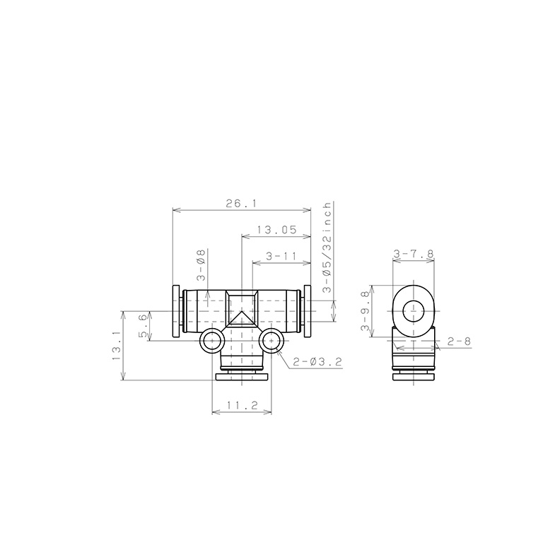 Bản vẽ kỹ thuật Đầu Nối Nhanh Khí Nén Chữ T Pisco PE5/32M-C