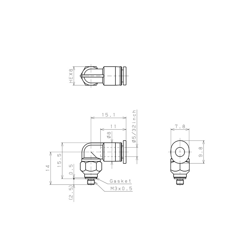 Bản vẽ kỹ thuật Đầu Nối Nhanh Khí Nén Dạng Cong 90° Ren Ngoài Pisco PL5/32-M3M