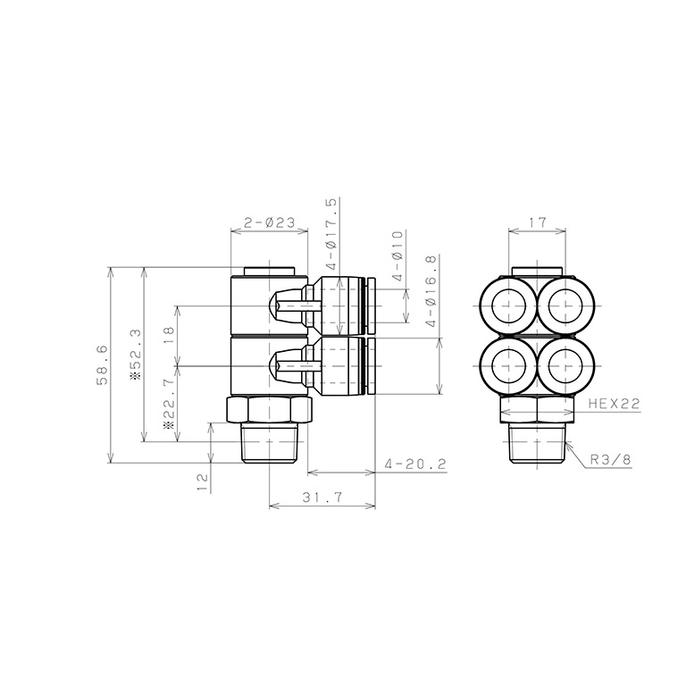 Bản vẽ kỹ thuật Đầu Nối Nhanh Khí Nén Bốn Nhánh Cong 90° Thân Lục Giác Trụ Ren Ngoài Pisco PAW10-03W