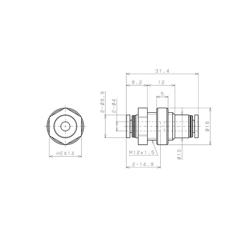 Bản vẽ kỹ thuật Đầu Nối Nhanh Khí Nén Dạng Thẳng Ren Ngoài Lắp Kẹp Vách Pisco PMP4W