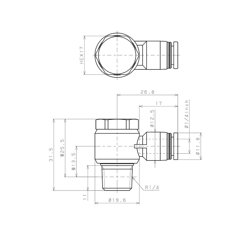Bản vẽ kỹ thuật Đầu Nối Nhanh Khí Nén Cong 90° Đầu Lục Giác Trụ Ren Ngoài Pisco PH1/4-02