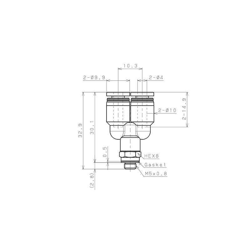 Bản vẽ kỹ thuật Đầu Nối Nhanh Khí Nén Dạng Chữ Y Ren Ngoài Pisco PX4-M5W