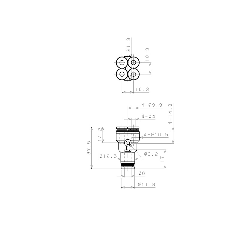 Bản vẽ kỹ thuật Đầu Nối Nhanh Khí Nén Chữ Y 5 Ngã Dạng Nối Giảm Pisco PRG6-4W