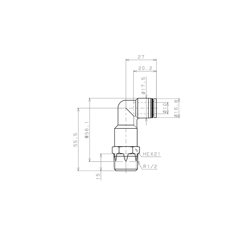 Bản vẽ kỹ thuật Đầu Nối Nhanh Khí Nén Dạng Cong 90° Ren Ngoài (Dài) Pisco PLL10-04