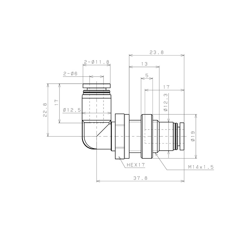 Bản vẽ kỹ thuật Đầu Nối Nhanh Khí Nén Cong 90° Ren Ngoài Lắp Kẹp Vách Pisco PML6W-C